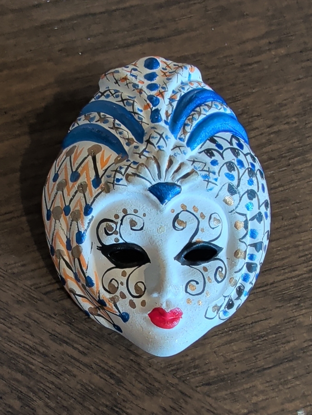 Small Hand-Painted White and Blue Decorative Mask Pin